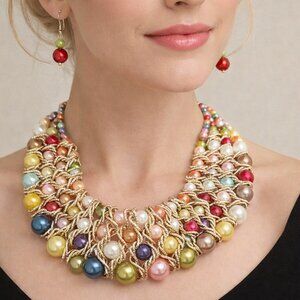 Luxury Multicolor Pearl Bib Necklace & Earrings
